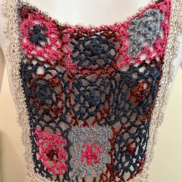 Y2K BOHO 💋 Beige Knit FESTIVAL Sleeveless Midi HIPPIE Vest Top Womens S - Picture 7 of 7